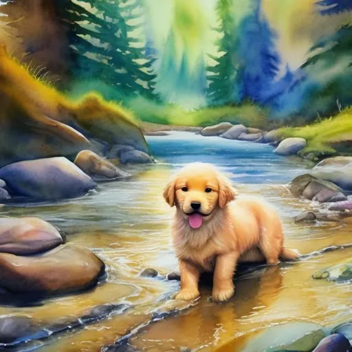 Prompt: Water color painting vibrant colors golden retriever puppy playing in river Pacific Northwest forest