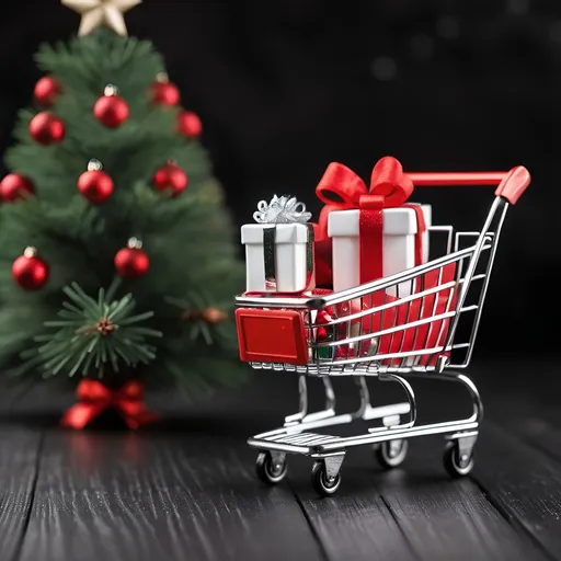 Prompt: red white gift box and small ball and shopping cart, small christmas tree, aesthetic, detailed, sharp focus, center position, highly detailed texture. highly detailed focus, black wood background