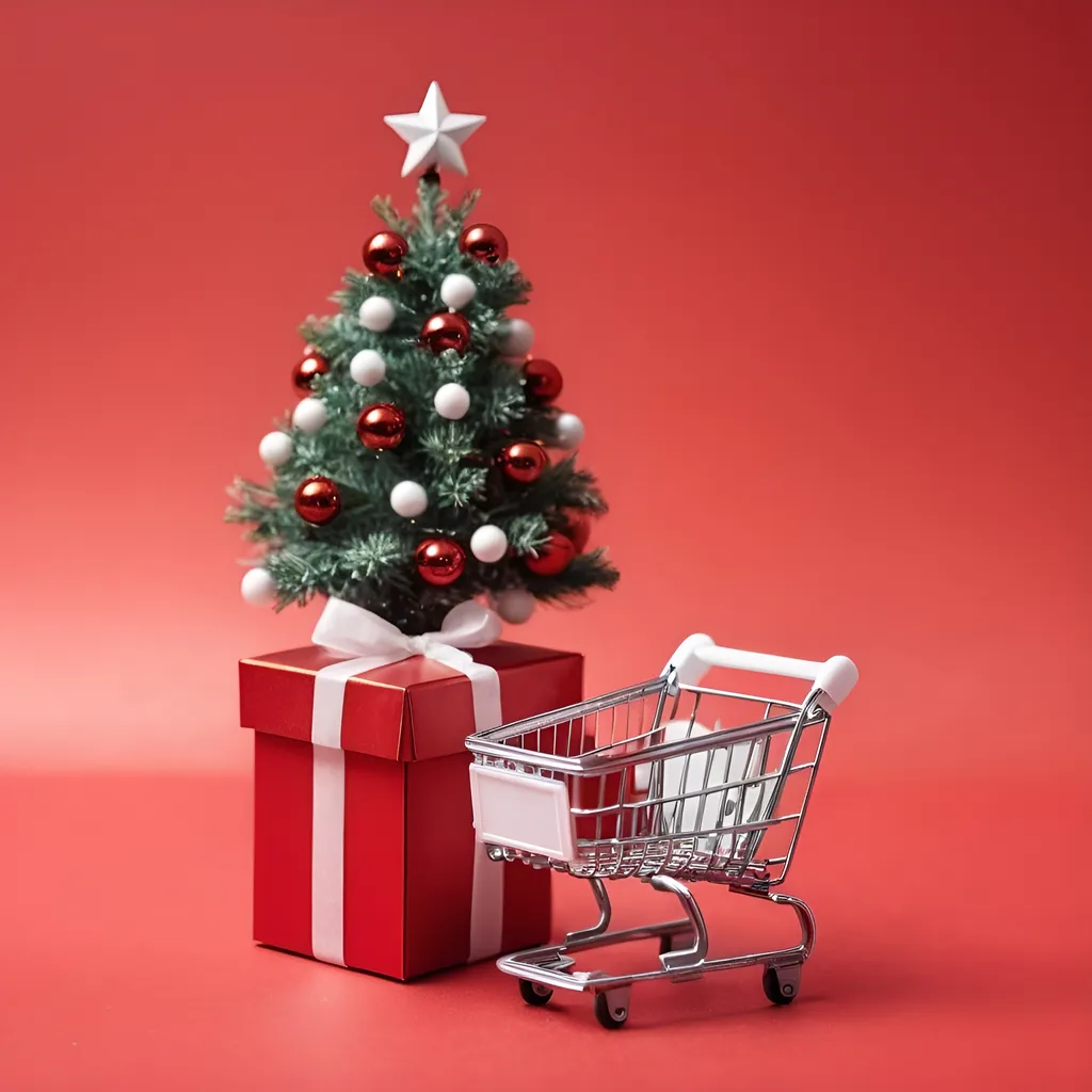 Prompt: red white gift box and small ball and shopping cart, small christmas tree, aesthetic, detailed, sharp focus, center position, highly detailed texture. highly detailed focus, red background