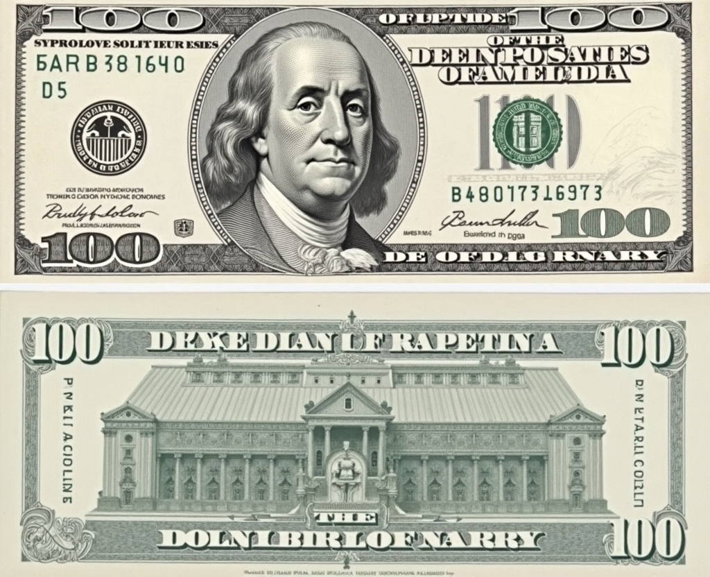 Prompt: two bills with the image of president george washington and the image of a hundred dollar bill with the image of president george washington, Benjamin Franklin, american scene painting, imax 70 mm footage, concept art