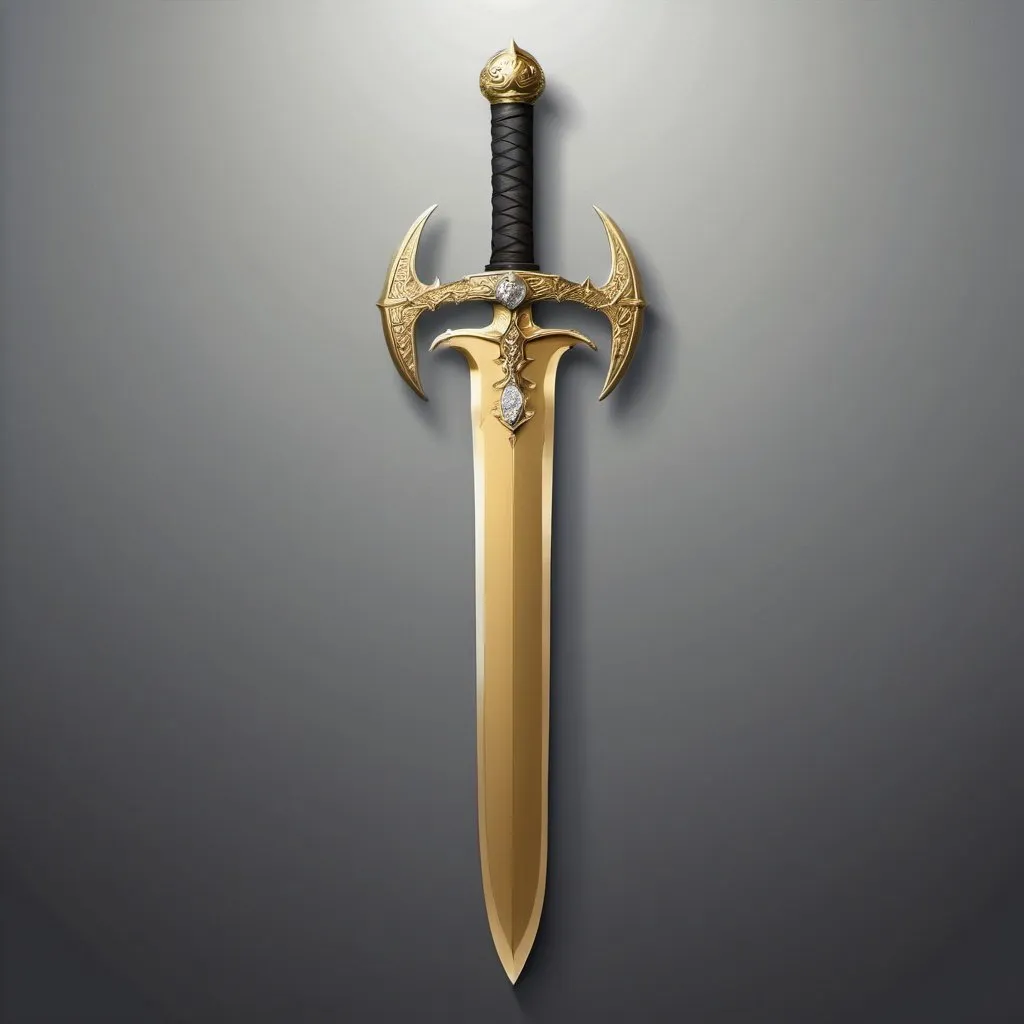 Prompt: A Heaven Background with Minimalistic Illustrations of a (((Golden Longsword, with an Diamond Pommel, Scales of the God Platinum Elderly Dragon in the Grip, with the Scale of Dragon Royal Seal on the Chappe, with a Golden Blade))), Nature Energy Enveloped and Poetry ((Minimalistic, Background, Gray Heaven, Weapons, Nature Energy Enveloped, Medieval, Fantasy, Golden Longsword)), Perfect Anatomy. by AYMSHANK