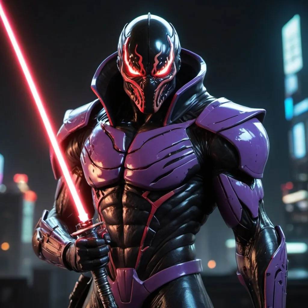 Prompt: Introducing, "Venom Guts Genos Fear Garou Neon Sith: Chronicles of the Cyberpunk Revan"! In this fusion character, the raw power and tenacity of Guts merge with the symbiotic prowess of Venom, enhanced with cybernetic upgrades akin to Genos. This amalgamation embodies the cosmic fear of Garou, wielding sabers infused with the dark energy of the Sith. Adorned with a Legion Sith Teutonic helmet, glowing red eyes pierce through the neon-lit cyberpunk landscape, reminiscent of Darth Revan's legacy. Reeves Reeves, as this character is named, moves with the fluidity of Genji, wielding two sabers - one crimson, the other a rare purple hue. Enhanced by visual effects from Industrial Light & Magic and WetaFX, this character blends void, ASCII, mosaic, matrix, and binary elements seamlessly, evoking a sense of mystery and intrigue in the digital darkness.
 with a golden katana 
