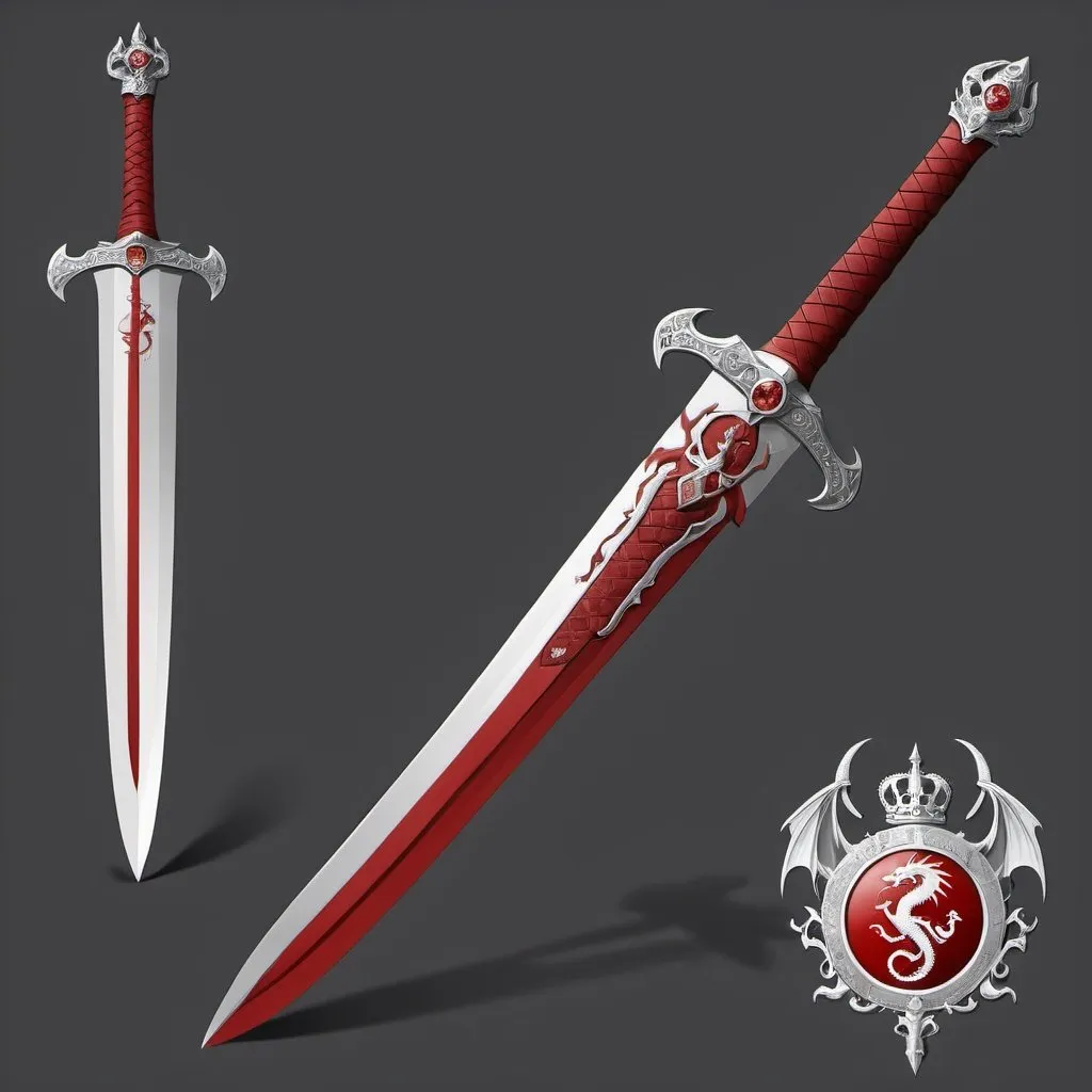 Prompt: A Heaven Background with Minimalistic Illustrations of a (((red Longsword, with an Diamond Pommel, Scales of the God Platinum Elderly Dragon in the Grip, with the Scale of Dragon Royal Seal on the Chappe, with a red Blade))), Nature Energy Enveloped and Poetry ((Minimalistic, Background, Gray Heaven, Weapons, Nature Energy Enveloped, Medieval, Fantasy, red Longsword)), Perfect Anatomy. by AYMSHANK