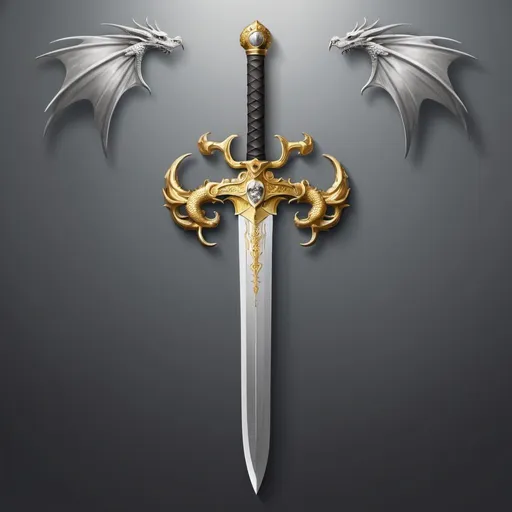 Prompt: A Heaven Background with Minimalistic Illustrations of a (((Golden Longsword, with an Diamond Pommel, Scales of the God Platinum Elderly Dragon in the Grip, with the Scale of Dragon Royal Seal on the Chappe, with a Golden Blade))), Nature Energy Enveloped and Poetry ((Minimalistic, Background, Gray Heaven, Weapons, Nature Energy Enveloped, Medieval, Fantasy, Golden Longsword)), Perfect Anatomy. by AYMSHANK