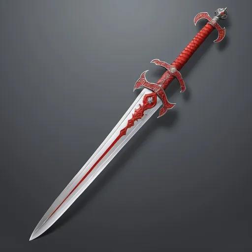 Prompt: A Heaven Background with Minimalistic Illustrations of a (((red Longsword, with an Diamond Pommel, Scales of the God Platinum Elderly Dragon in the Grip, with the Scale of Dragon Royal Seal on the Chappe, with a red Blade))), Nature Energy Enveloped and Poetry ((Minimalistic, Background, Gray Heaven, Weapons, Nature Energy Enveloped, Medieval, Fantasy, red Longsword)), Perfect Anatomy. by AYMSHANK