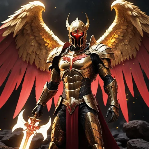 Prompt: Ultra 4K , A battle damaged golden and redknight with Angel wings, fighting against flesh-and-blood enemies, but against evil rulers and authorities of the unseen world, against mighty powers in this dark world, and against evil spirits in the heavenly places.“ ‭‭