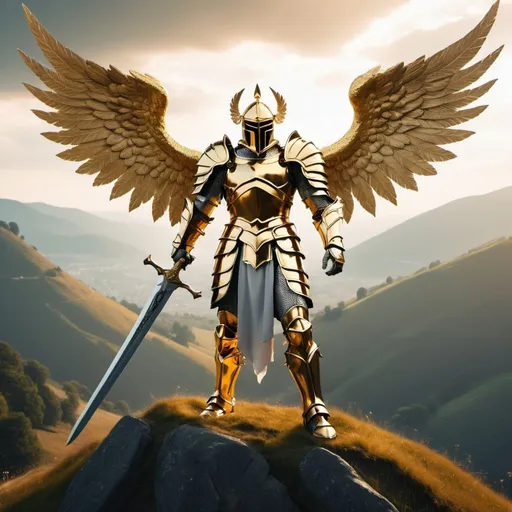 Prompt: Ultra 4K, great golden knight with massive angel wings, pointing his sword towards a hill