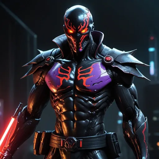 Prompt: Introducing, "Venom Guts Genos Fear Garou Neon Sith: Chronicles of the Cyberpunk Revan"! In this fusion character, the raw power and tenacity of Guts merge with the symbiotic prowess of Venom, enhanced with cybernetic upgrades akin to Genos. This amalgamation embodies the cosmic fear of Garou, wielding sabers infused with the dark energy of the Sith. Adorned with a Legion Sith Teutonic helmet, glowing red eyes pierce through the neon-lit cyberpunk landscape, reminiscent of Darth Revan's legacy. Reeves Reeves, as this character is named, moves with the fluidity of Genji, wielding two sabers - one crimson, the other a rare purple hue. Enhanced by visual effects from Industrial Light & Magic and WetaFX, this character blends void, ASCII, mosaic, matrix, and binary elements seamlessly, evoking a sense of mystery and intrigue in the digital darkness.

