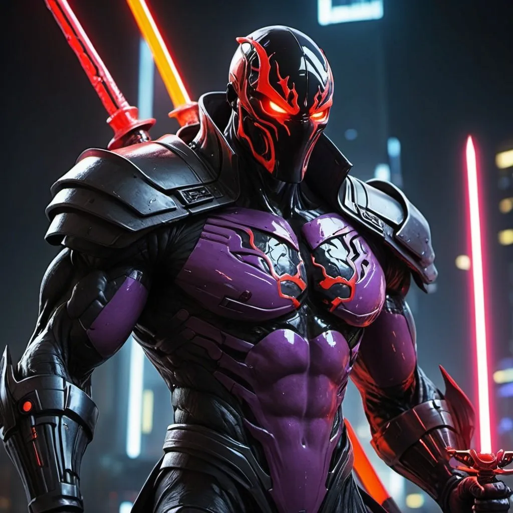 Prompt: Introducing, "Venom Guts Genos Fear Garou Neon Sith: Chronicles of the Cyberpunk Revan"! In this fusion character, the raw power and tenacity of Guts merge with the symbiotic prowess of Venom, enhanced with cybernetic upgrades akin to Genos. This amalgamation embodies the cosmic fear of Garou, wielding sabers infused with the dark energy of the Sith. Adorned with a Legion Sith Teutonic helmet, glowing red eyes pierce through the neon-lit cyberpunk landscape, reminiscent of Darth Revan's legacy. Reeves Reeves, as this character is named, moves with the fluidity of Genji, wielding two sabers - one crimson, the other a rare purple hue. Enhanced by visual effects from Industrial Light & Magic and WetaFX, this character blends void, ASCII, mosaic, matrix, and binary elements seamlessly, evoking a sense of mystery and intrigue in the digital darkness.
 with a golden katana 
