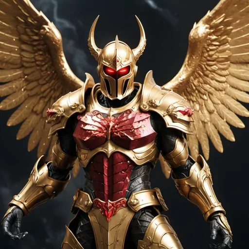 Prompt: Ultra 4K , A battle damaged golden and redknight with Angel wings, fighting against flesh-and-blood enemies, but against evil rulers and authorities of the unseen world, against mighty powers in this dark world, and against evil spirits in the heavenly places.“ ‭‭