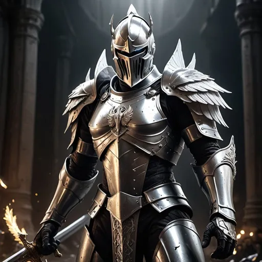 Prompt: Ultra 4K , A battle damaged silver knight with Angel wings, fighting against flesh-and-blood enemies, but against evil rulers and authorities of the unseen world, against mighty powers in this dark world, and against evil spirits in the heavenly places.“ ‭‭