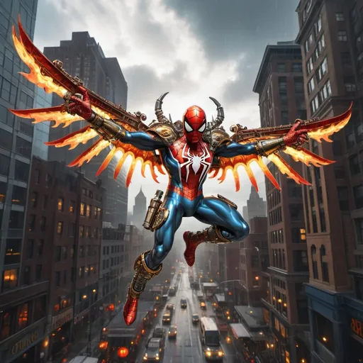 Prompt: [top-down view/full body view], buff spiderman in red, blue and gold ornate steampunk armor, and large flaming mechanical wings, holding a glowing sword, flying high above a busy city, fractals, rainy weather, grey clouds, city lights, reflections, intricate details.