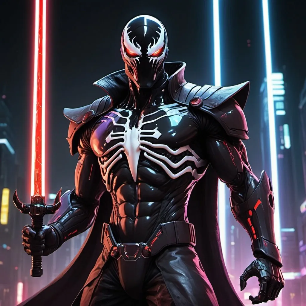 Prompt: Introducing, "Venom Guts Genos Fear Garou Neon Sith: Chronicles of the Cyberpunk Revan"! In this fusion character, the raw power and tenacity of Guts merge with the symbiotic prowess of Venom, enhanced with cybernetic upgrades akin to Genos. This amalgamation embodies the cosmic fear of Garou, wielding sabers infused with the dark energy of the Sith. Adorned with a Legion Sith Teutonic helmet, glowing red eyes pierce through the neon-lit cyberpunk landscape, reminiscent of Darth Revan's legacy. Reeves Reeves, as this character is named, moves with the fluidity of Genji, wielding two sabers - one crimson, the other a rare purple hue. Enhanced by visual effects from Industrial Light & Magic and WetaFX, this character blends void, ASCII, mosaic, matrix, and binary elements seamlessly, evoking a sense of mystery and intrigue in the digital darkness.

