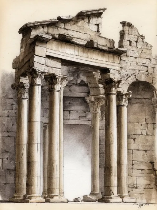 Prompt: <mymodel> pencil-sketch of a ruin of a Roman temple