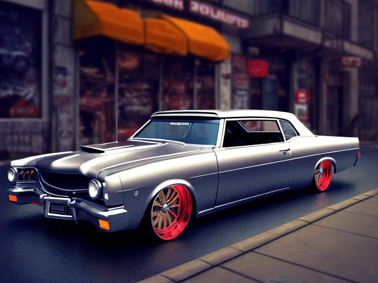 Prompt: Wide-angle photorealistic lowrider car, add plow to front car bumper, shiny metallic finish, hydraulic wheels, urban street scene, realistic car details, intricate chrome details, high quality, detailed 3D rendering, urban art style, dynamic lighting, Grey background, full car