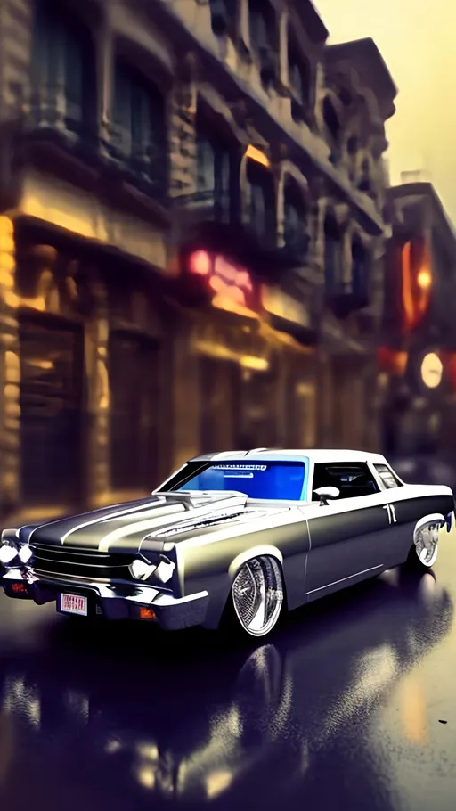 Prompt: Wide-angle lowrider car, shiny metallic finish, hydraulic suspension, urban street scene, realistic car details, intricate chrome details, high quality, detailed 3D rendering, urban art style, dynamic lighting, Grey background, full car