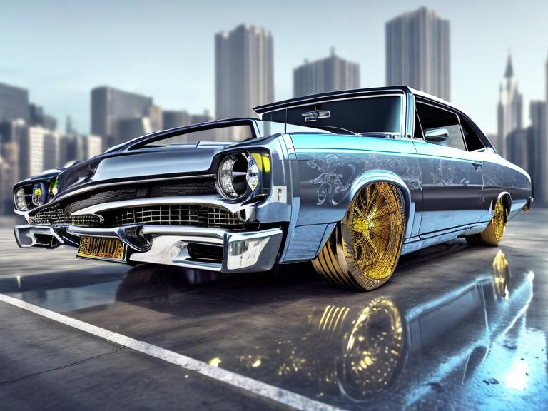 Prompt: Wide-angle lowrider, shiny metallic finish, hydraulic wheels, urban street scene, realistic car details, intricate chrome details, high quality, detailed 3D rendering, urban art style, dynamic lighting, Grey background, full car