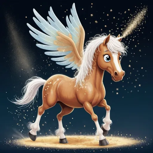 Prompt: Chester is a magical horse from children's book series who can do certain things like fly depending on the magical fairy dust sprinkled on his head.  Can you create a cartoon like image of a horse, Chester, where he is being sprinkled with fairy dust making him able to fly?
