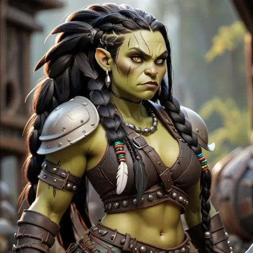 Prompt: curvy, muscular half-orc female with long black braids with bone, feathers, and beads in her hair, wearing leather armor