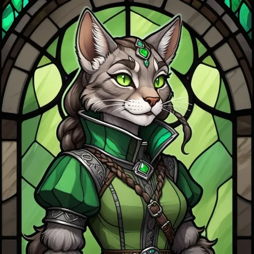 Prompt: gray tabaxi catfolk female with long gray fur, braided fur, green eyes, long green dress with multiple pockets, fantasy character art, illustration, dnd