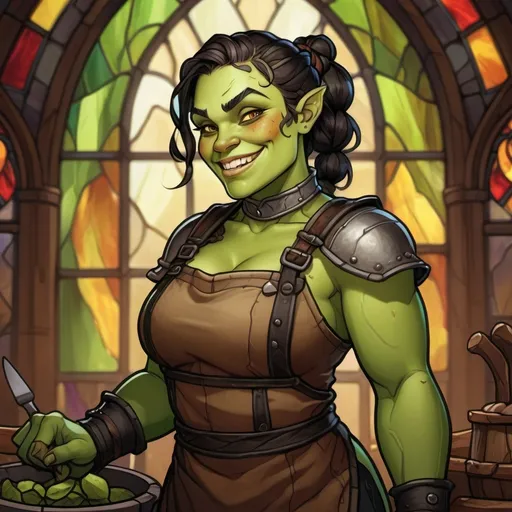 Prompt: green-skinned curvy orc female wearing an apron, messy black braid, thick arms, muscular, smiling, fantasy character art, illustration, dnd, warm tone