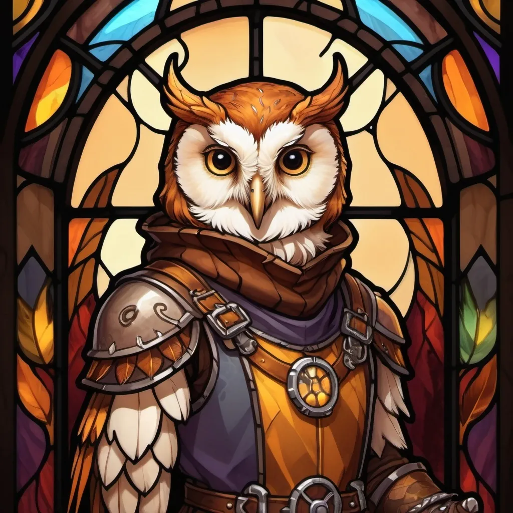 Prompt: owlin male, owl folk, anthro barn owl alchemist, blacksmith apron, tiny pet clockwork dragon pet, feathers, fantasy character art, illustration, dnd, warm tones