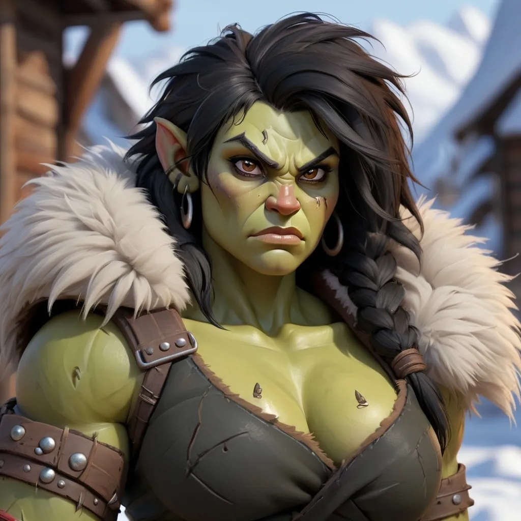 Prompt: curvy, muscular, half-orc female with messy black hair, small tusks, wearing fur