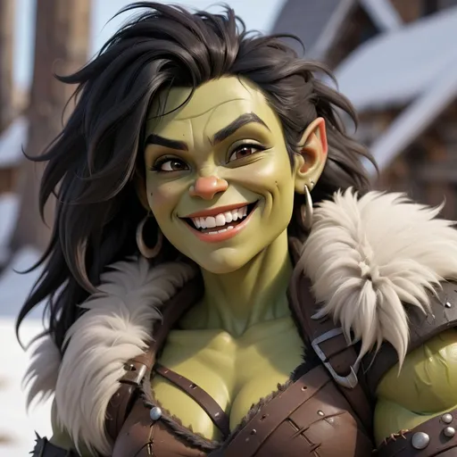 Prompt: curvy, muscular, half-orc female smiling with messy black hair,  wearing fur