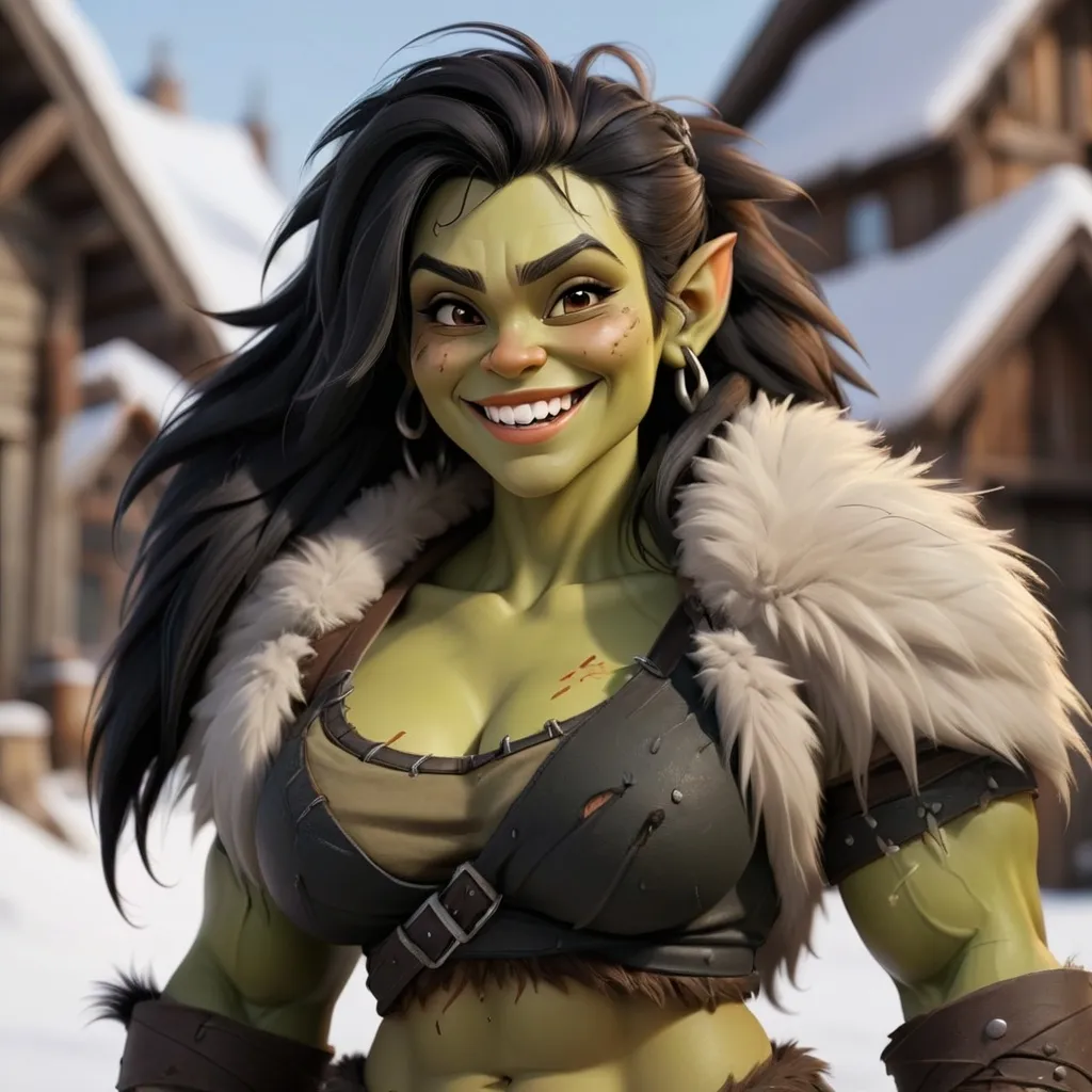 Prompt: curvy, muscular, half-orc female smiling with messy black hair,  wearing fur