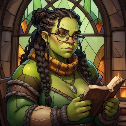 Prompt: green-skinned chunky orc female wearing thick sweater, messy black braids, thick arms, wearing glasses, reading, fantasy character art, illustration, dnd, warm tone