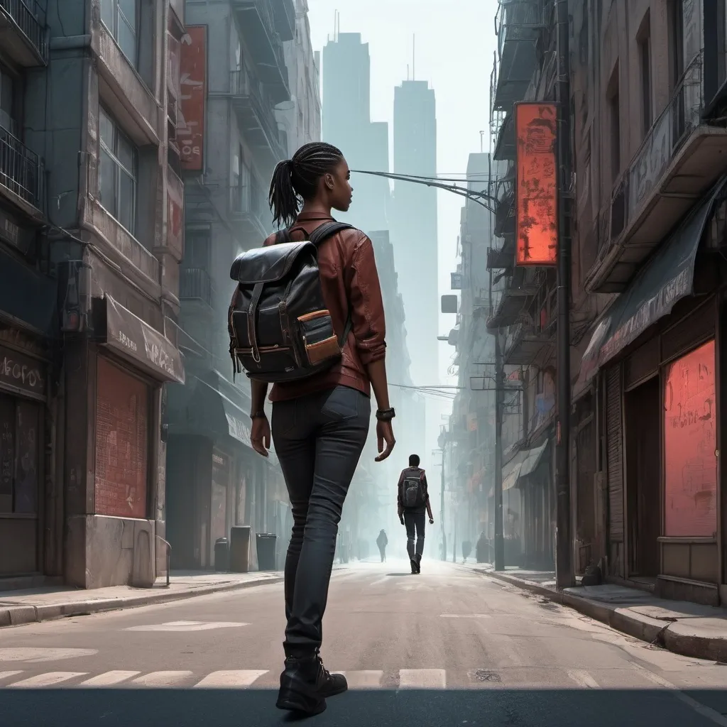 Prompt: a woman standing on a street corner with a backpack on her back and a man walking down the street, Cedric Seaut (Keos Masons), aestheticism, city background, cyberpunk art