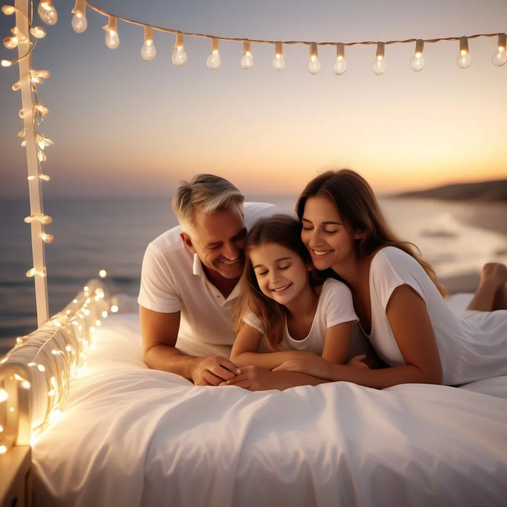 Prompt: (happiness) joyful family, on a (luxurious white selenhome mattress), relaxed on a (bed by the seaside), surrounded by (twinkling fairy lights), serene ocean backdrop, warm golden hour lighting, cheerful atmosphere, gentle waves softly crashing, cozy bedding, capturing the essence of family bliss and tranquil relaxation, (ultra-detailed), (4K).