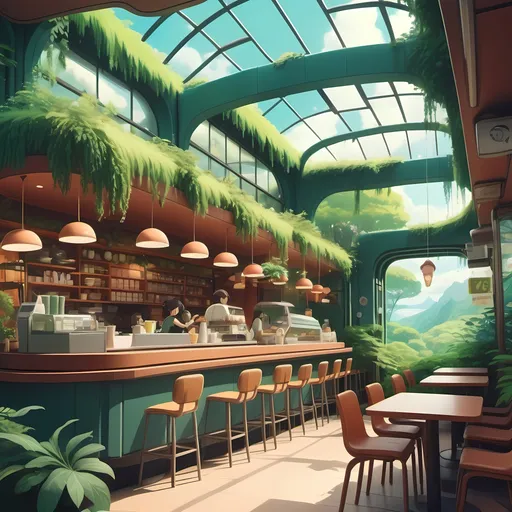 Prompt: 2d studio ghibli inspired anime style, futuristic cafe with a lot of nature and a Brazilian Brazilian vibe , anime moving scene