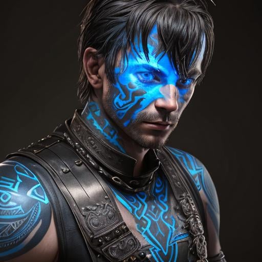 Prompt: portrait of a man wearing ancient leather armor with blue glowing tattoos over his body