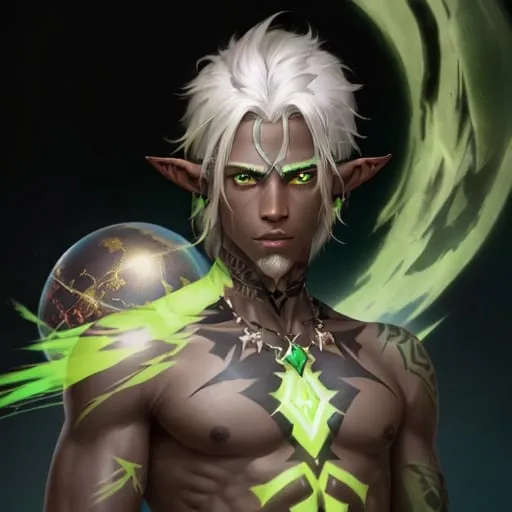 Prompt: portrait of a rebellious white-haired elf with dark skin with green glowing tattoos over his bare torso and a glowing globe in the background