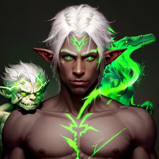Prompt: portrait of a white-haired elf with dark skin with green glowing tattoos over his body and a T-rex animal spirit in the background