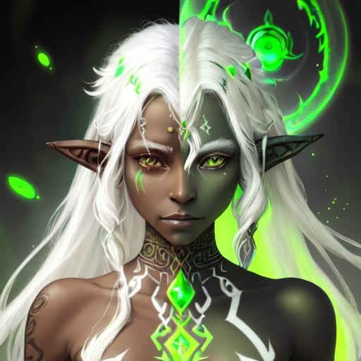 Prompt: portrait of a white-haired elf with dark skin with green glowing tattoos over her body and Gaia the spirit of Earth in the background