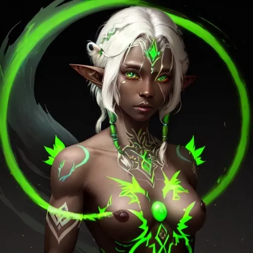 Prompt: portrait of a white-haired elf with dark skin with green glowing tattoos over her body and 4 elemental spirits in the background