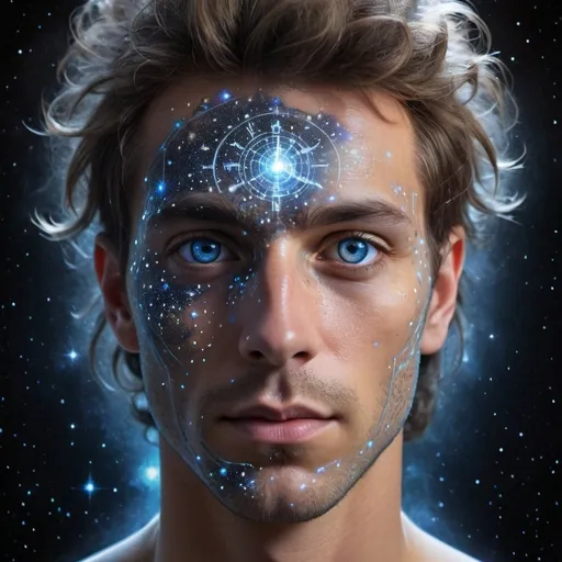 Prompt: Portrait of a male humanoid face. His eyes are like windows to the milky way galaxy. His hair is transparent with with points of light scattered throughout. His skin is covered glowing in stars, atomic particles and clock gears