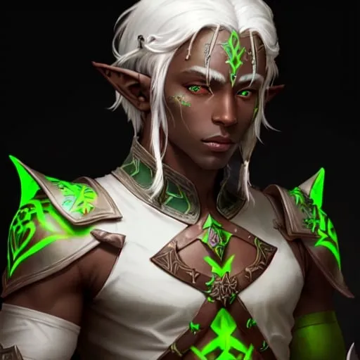 Prompt: portrait of a white-haired elf with dark skin wearing ancient leather armor with green glowing tattoos over his body