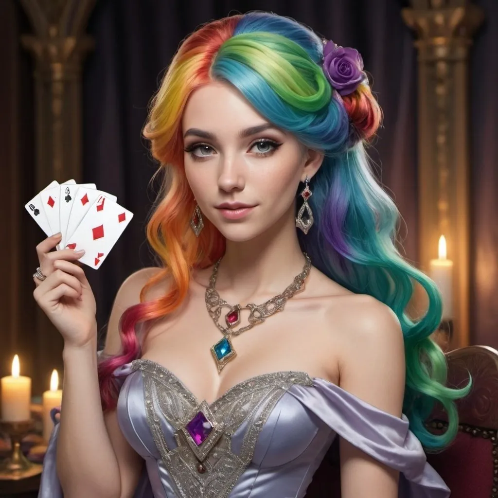 Prompt: A beautiful, young woman with rainbow-colored hair, fair skin, wearing a high fantasy evening gown. She has dice for earrings, an upright horseshoe on a necklace and an Ace card as a hair piece