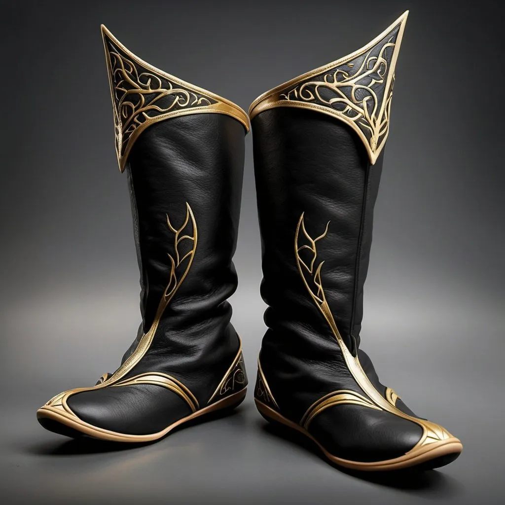 Prompt: pair of black elven slippers, with thin gold trim, that come to mid-calf. The boots are flat on the bottom and don't have a heel. The boots are made of soft leather and other natural materials. The boots are for a female fantasy rogue.