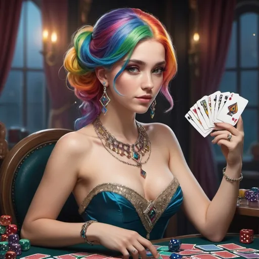 Prompt: A beautiful, young woman with rainbow-colored hair, fair skin, wearing a high fantasy evening gown with earrings made from dice and a horseshoe necklace. She's shuffling a deck of cards