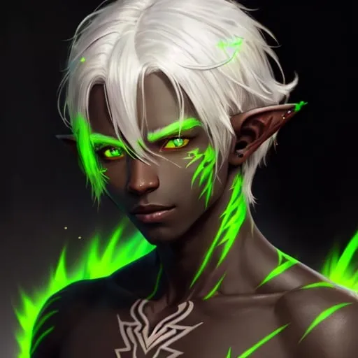 Prompt: portrait of a white-haired elf with dark skin with green glowing tattoos over his body