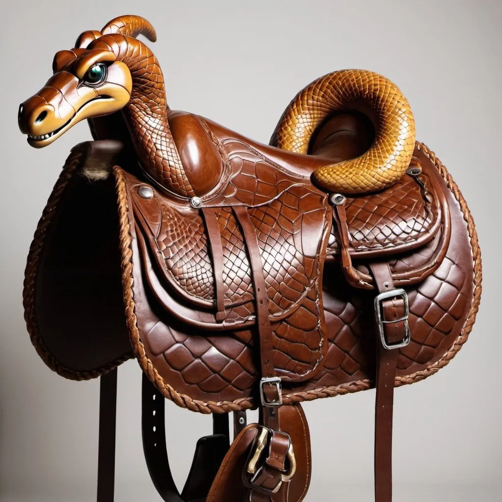 Prompt: A leather horse saddle made in the shape of a giant snake