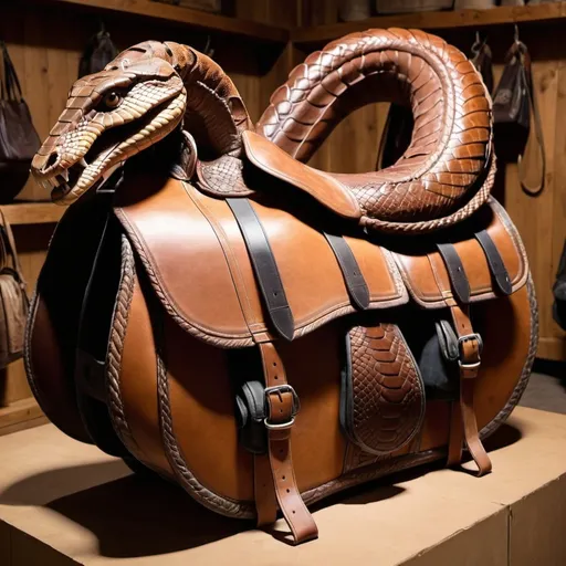 Prompt: A leather horse saddle made in the shape of a giant snake with large bags on the side