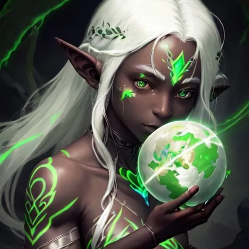 Prompt: portrait of a white-haired elf with dark skin with green glowing tattoos over her body and an earth elemental spirit in the background