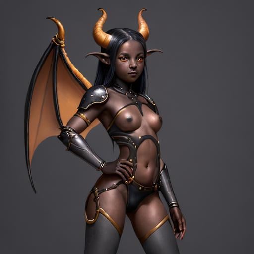 Prompt: Painting of a beautiful, innocent, young, adolescent tiefling girl, very dark gray skin, small horns, fiery eyes, bat-like wings and golden tattered leather armor. 

She is 5'4" tall and has a prehensile tail that is 6ft long. 