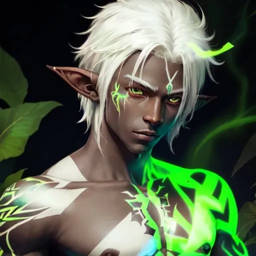 Prompt: portrait of a white-haired elf with dark skin with green glowing tattoos over his bare torso and an animal spirit in the background