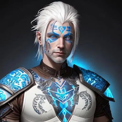 Prompt: portrait of a man with white hair wearing ancient leather armor with blue glowing tattoos over his body